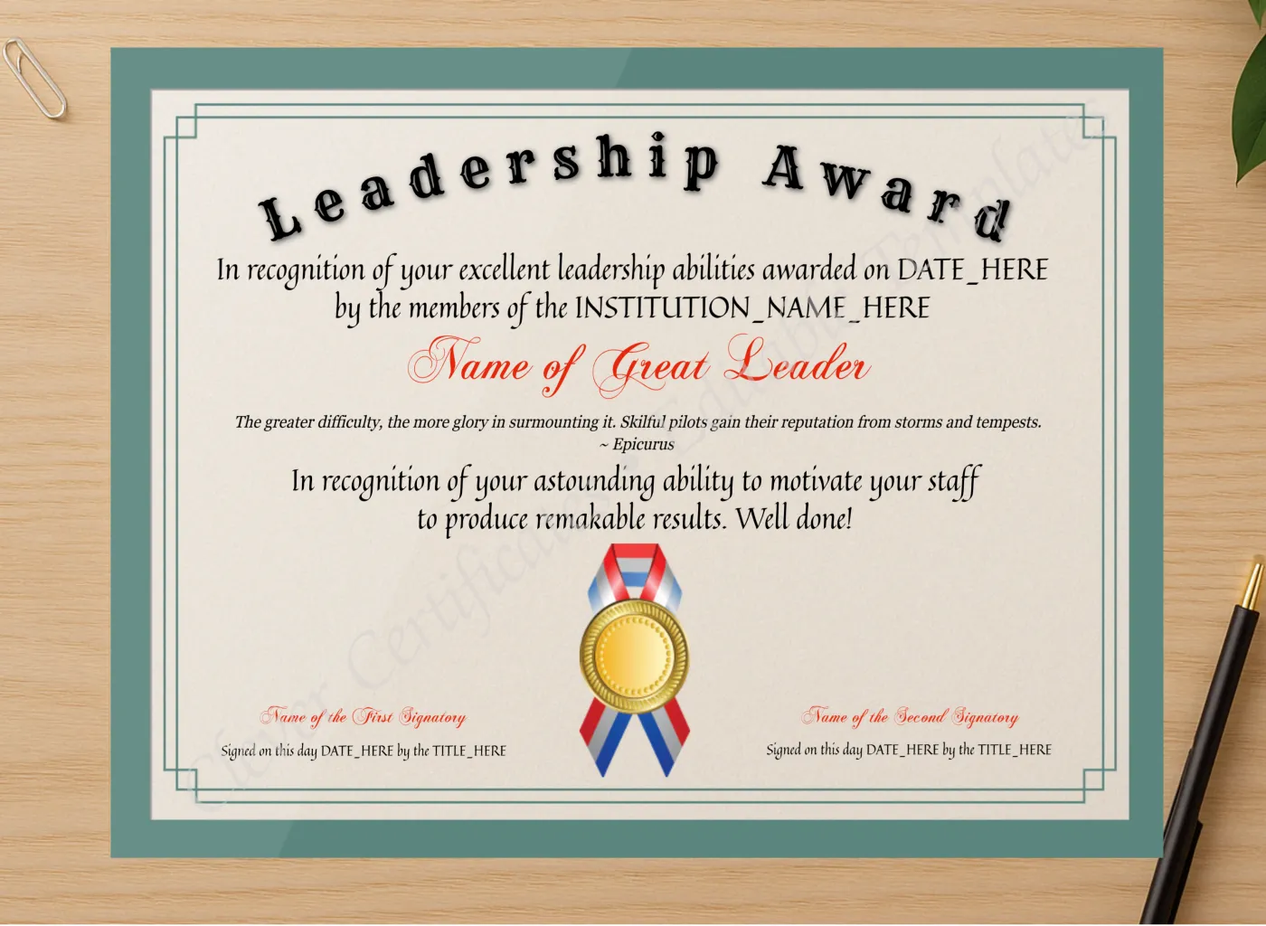 Professional preview of Customizable Elegant Leadership Award certificate on high-quality stationery paper, ideal for showcasing the final look.