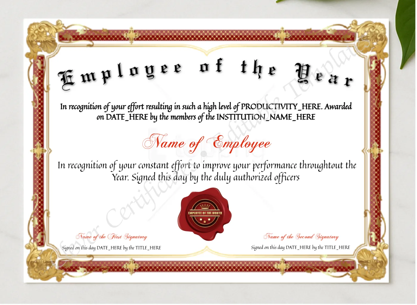 Customizable Employee Of The Year presented in a sleek wooden frame, elegantly arranged on a stylish table.