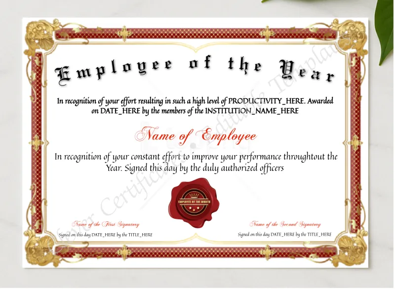 Customizable Employee Of The Year presented in a sleek wooden frame, elegantly arranged on a stylish table.