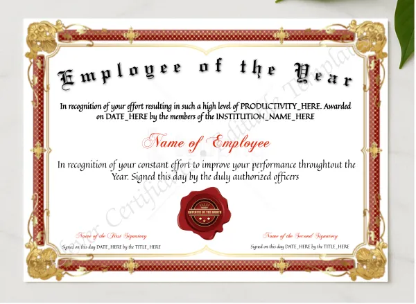 Customizable Employee Of The Year presented in a sleek wooden frame, elegantly arranged on a stylish table.