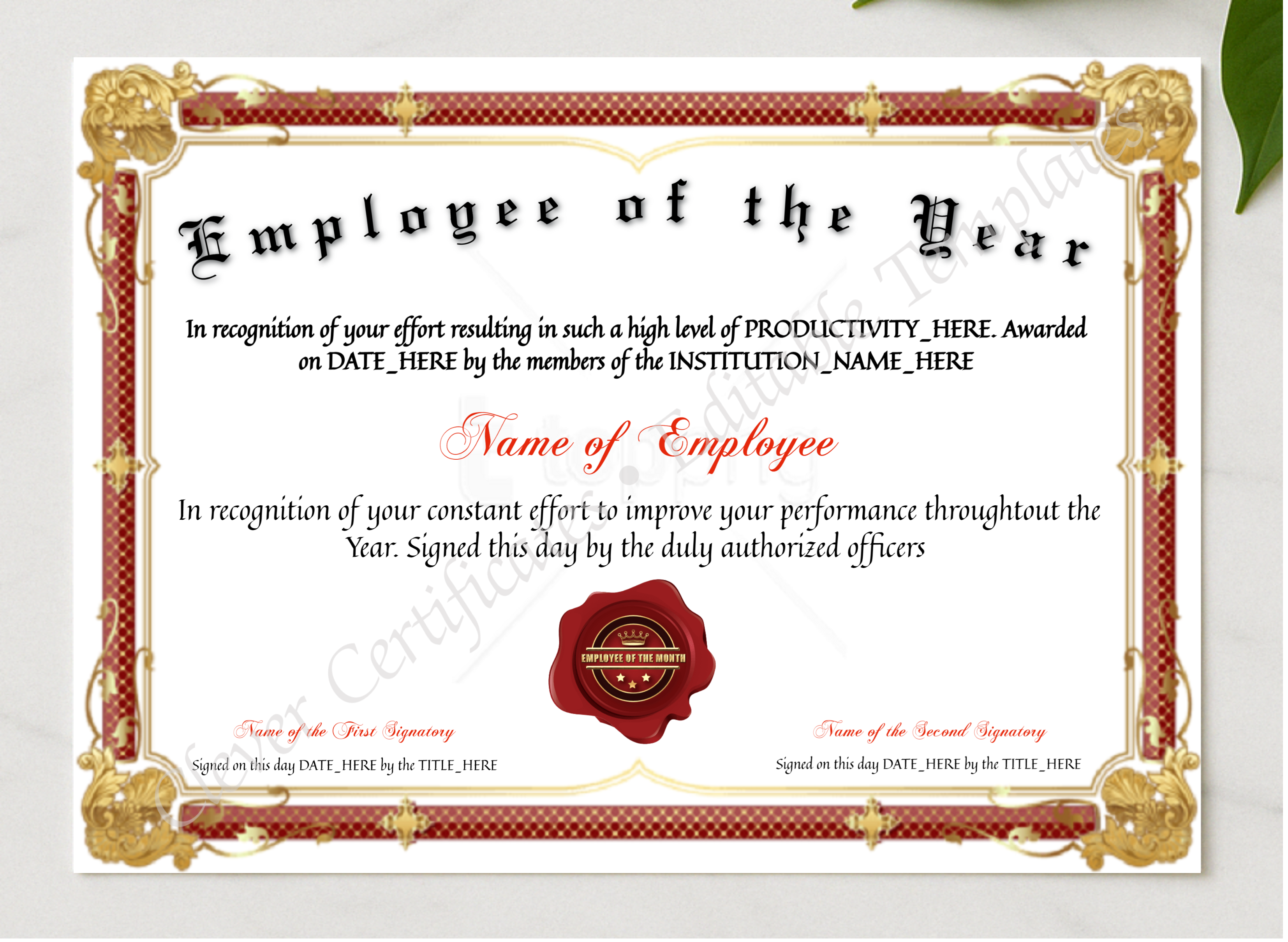 Customizable Employee Of The Year presented in a sleek wooden frame, elegantly arranged on a stylish table.