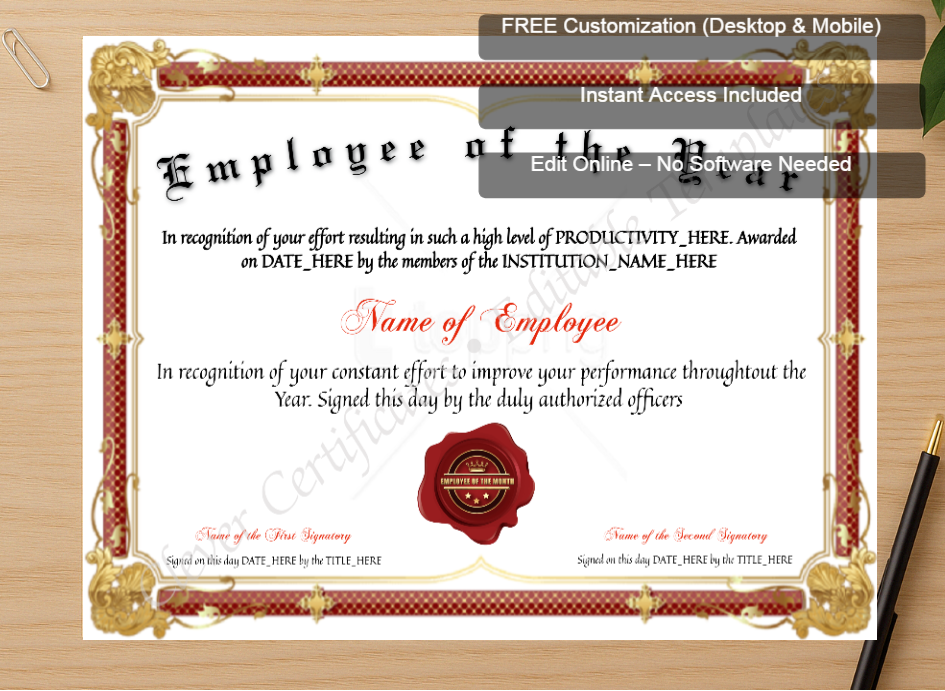 Zoomed preview with Free Editor badge stack for Customizable Employee Of The Year