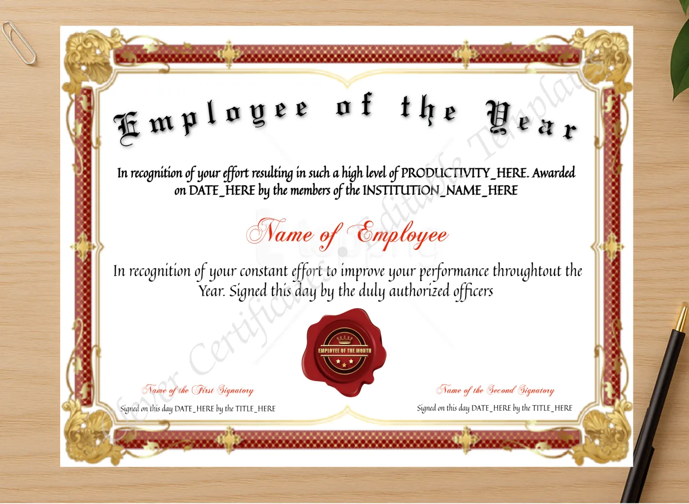 Professional preview of Customizable Employee Of The Year certificate on high-quality stationery paper, ideal for showcasing the final look.