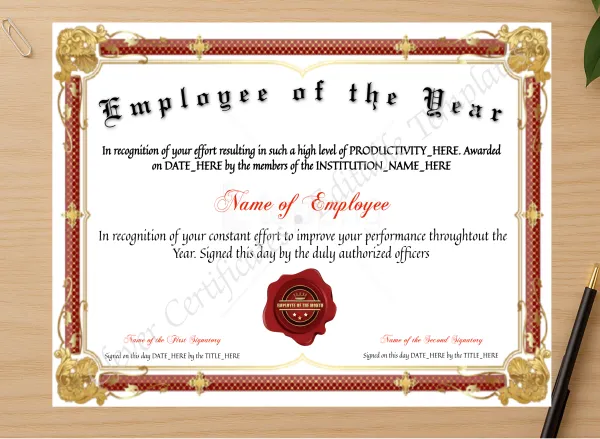 Professional preview of Customizable Employee Of The Year certificate on high-quality stationery paper, ideal for showcasing the final look.