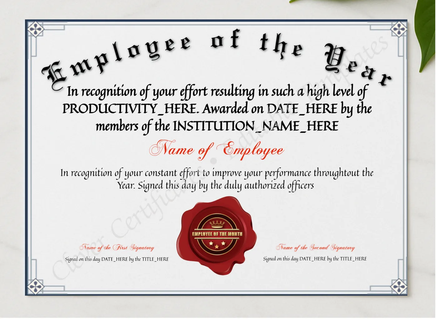 Editable Elegant Employee Of The Year presented in a sleek wooden frame, elegantly arranged on a stylish table.