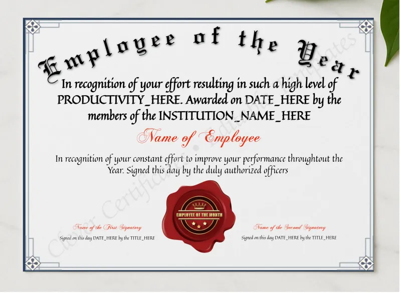 Editable Elegant Employee Of The Year presented in a sleek wooden frame, elegantly arranged on a stylish table.