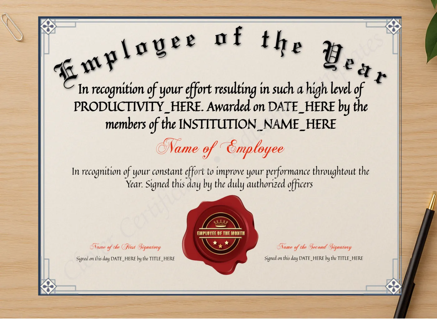 Professional preview of Editable Elegant Employee Of The Year certificate on high-quality stationery paper, ideal for showcasing the final look.
