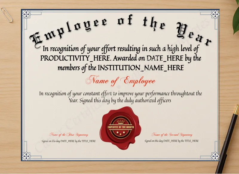 Professional preview of Editable Elegant Employee Of The Year certificate on high-quality stationery paper, ideal for showcasing the final look.