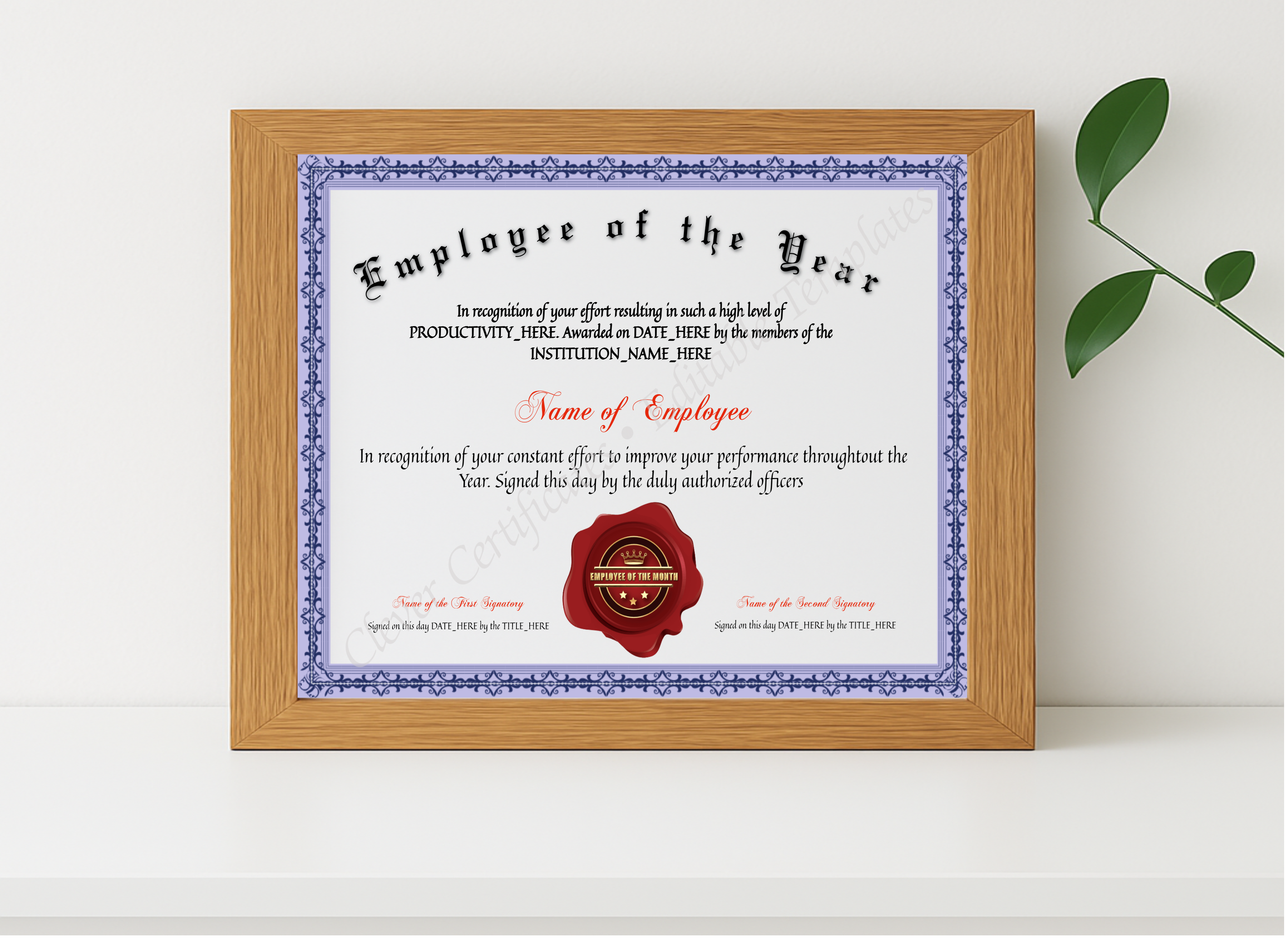 Realistic mockup featuring Printable Elegant Employee Of The Year displayed within a modern frame, set against a minimalistic background.