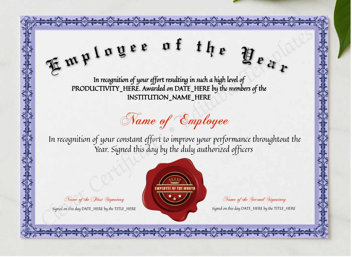 Printable Elegant Employee Of The Year presented in a sleek wooden frame, elegantly arranged on a stylish table.