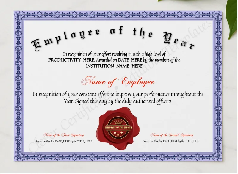 Printable Elegant Employee Of The Year presented in a sleek wooden frame, elegantly arranged on a stylish table.