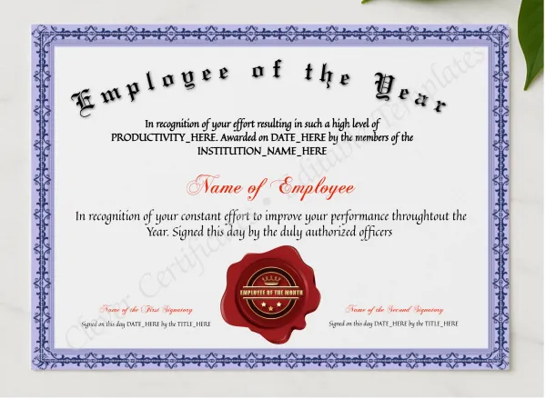 Printable Elegant Employee Of The Year presented in a sleek wooden frame, elegantly arranged on a stylish table.