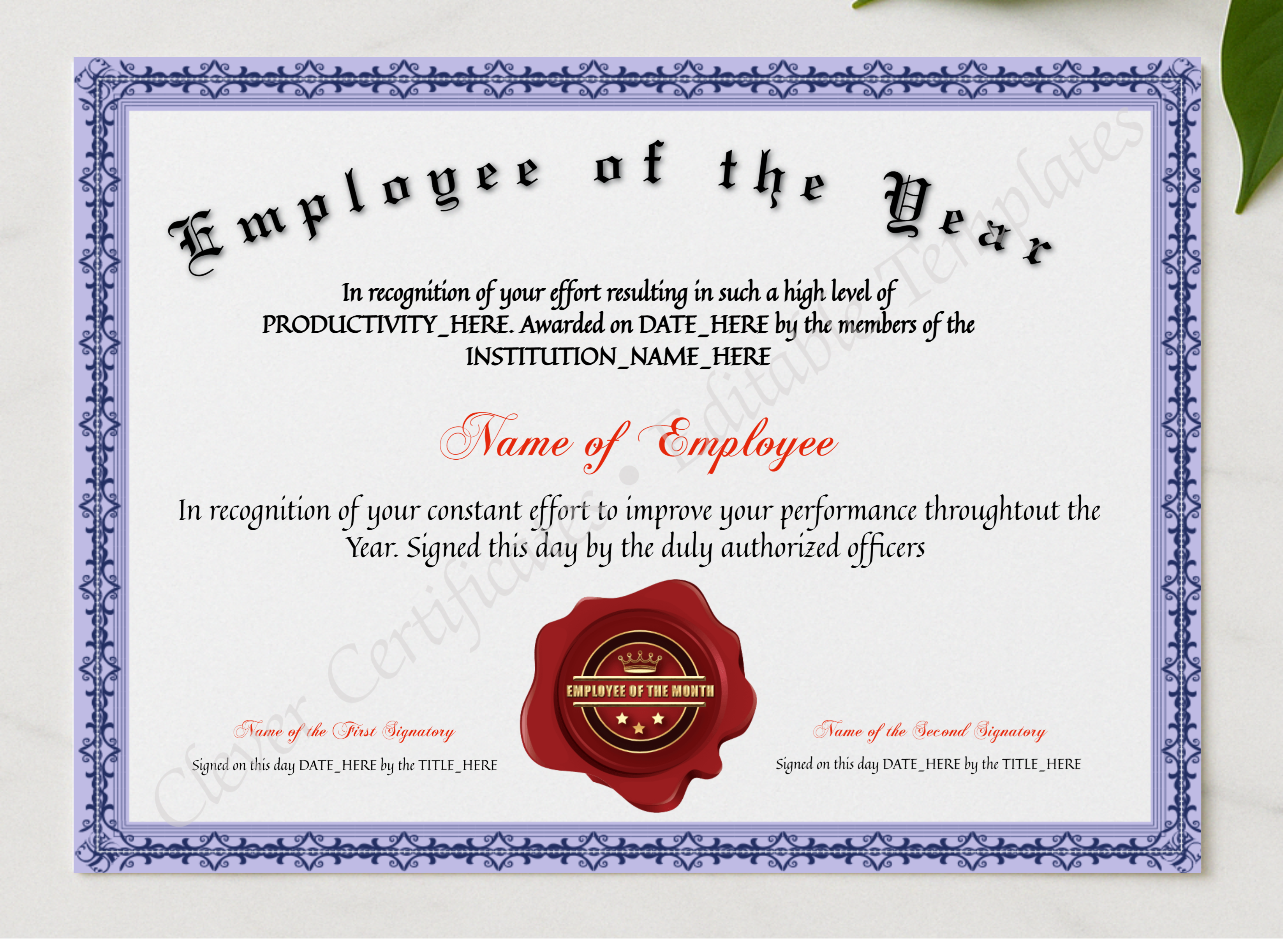 Printable Elegant Employee Of The Year presented in a sleek wooden frame, elegantly arranged on a stylish table.