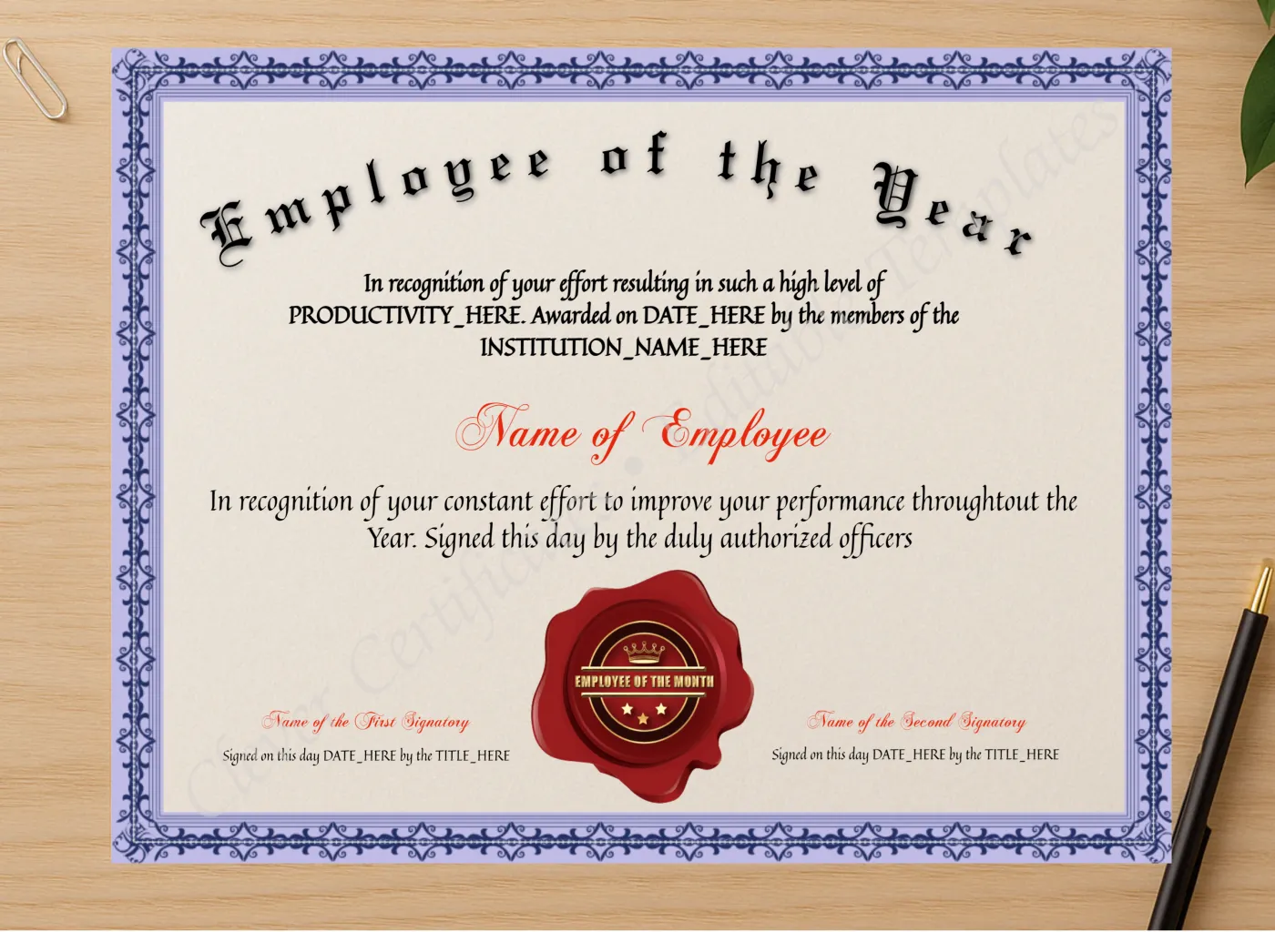 Professional preview of Printable Elegant Employee Of The Year certificate on high-quality stationery paper, ideal for showcasing the final look.