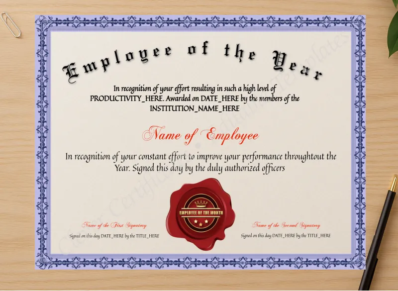 Professional preview of Printable Elegant Employee Of The Year certificate on high-quality stationery paper, ideal for showcasing the final look.