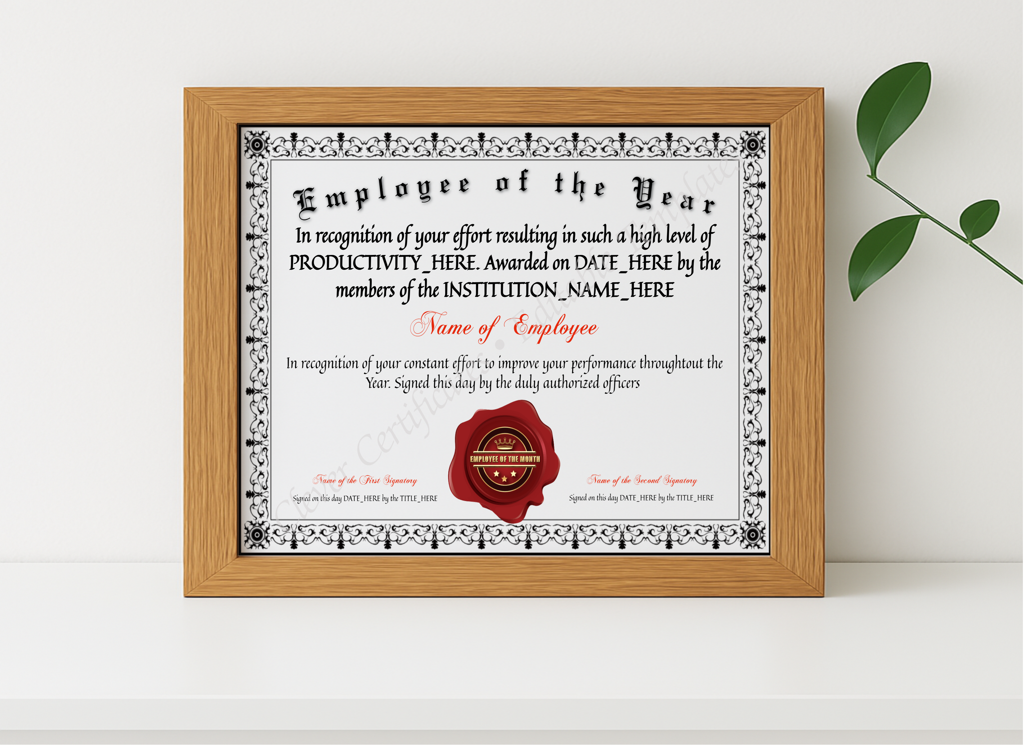 Realistic mockup featuring Customizable Elegant Employee Of The Year displayed within a modern frame, set against a minimalistic background.