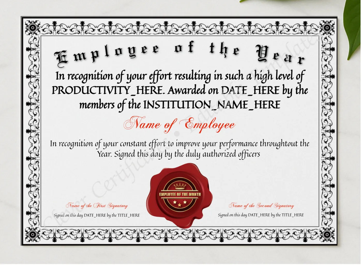 Customizable Elegant Employee Of The Year presented in a sleek wooden frame, elegantly arranged on a stylish table.