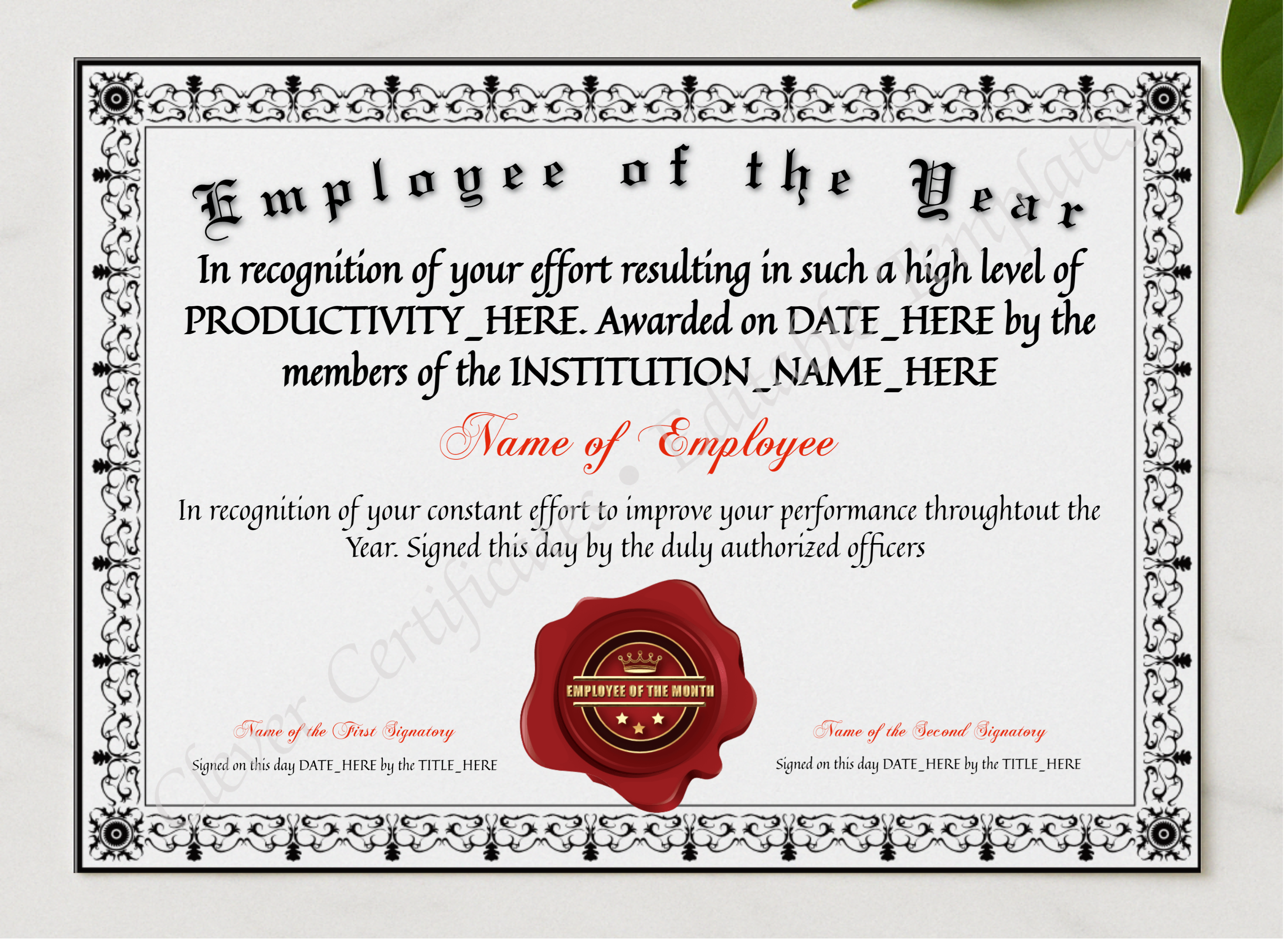 Customizable Elegant Employee Of The Year presented in a sleek wooden frame, elegantly arranged on a stylish table.