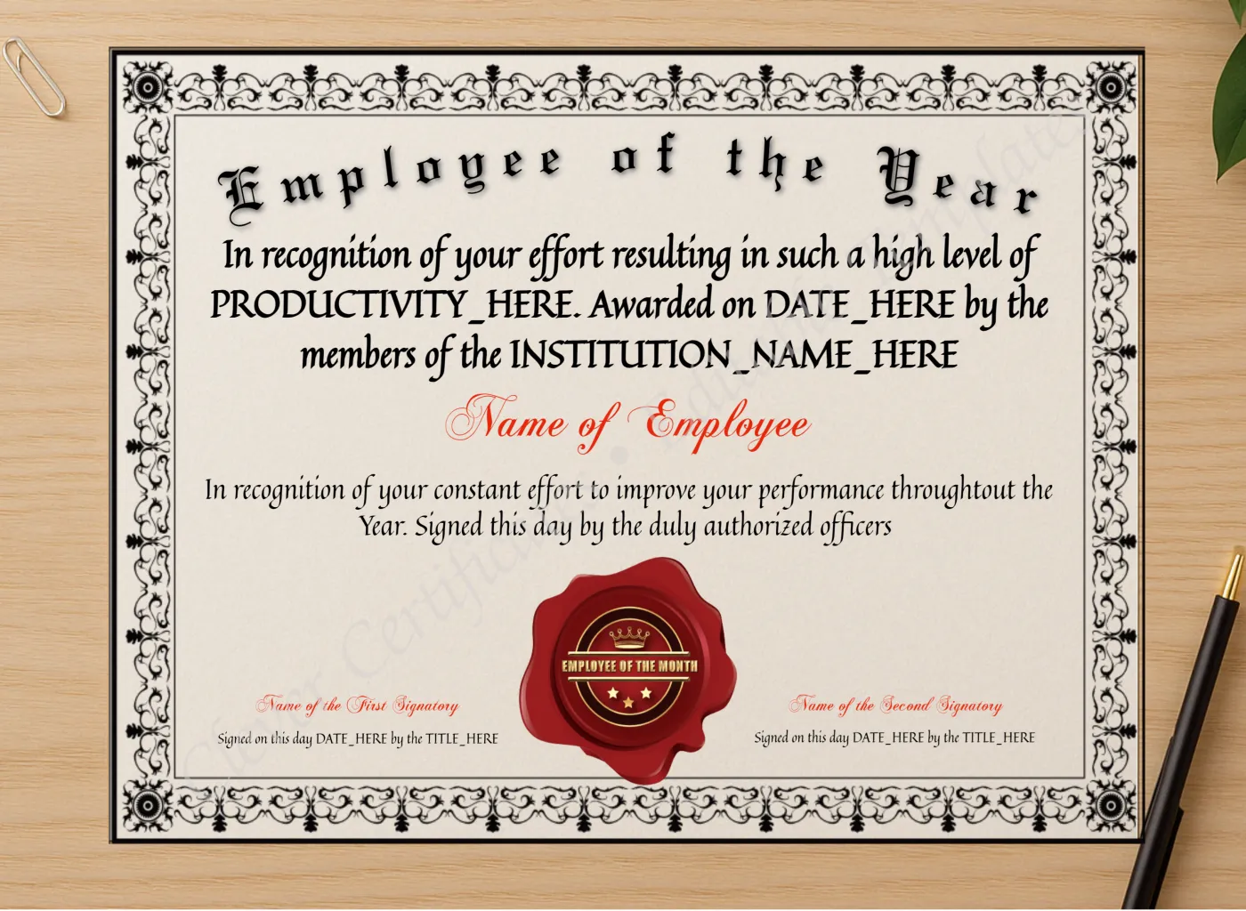 Professional preview of Customizable Elegant Employee Of The Year certificate on high-quality stationery paper, ideal for showcasing the final look.