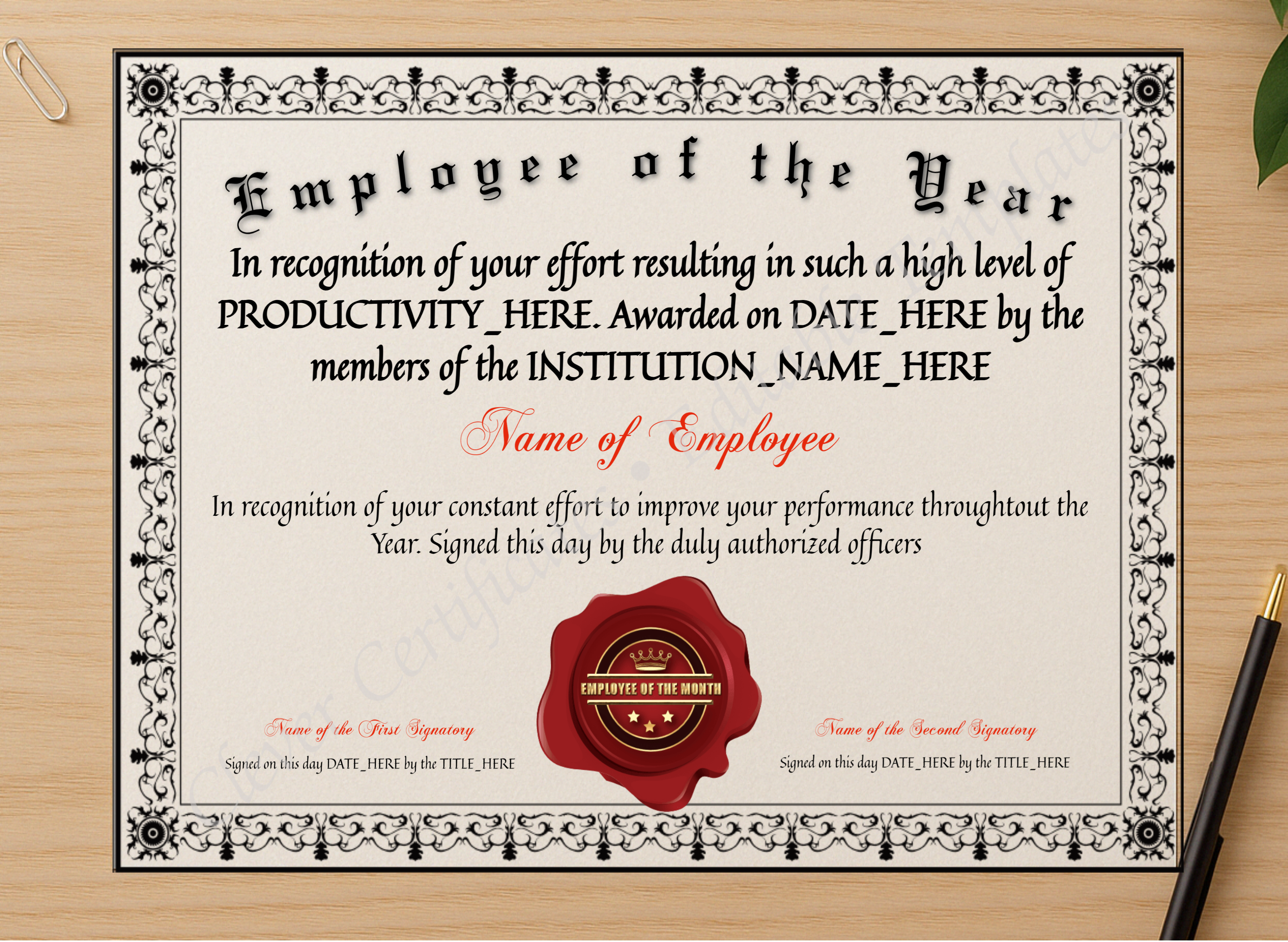 Professional preview of Customizable Elegant Employee Of The Year certificate on high-quality stationery paper, ideal for showcasing the final look.
