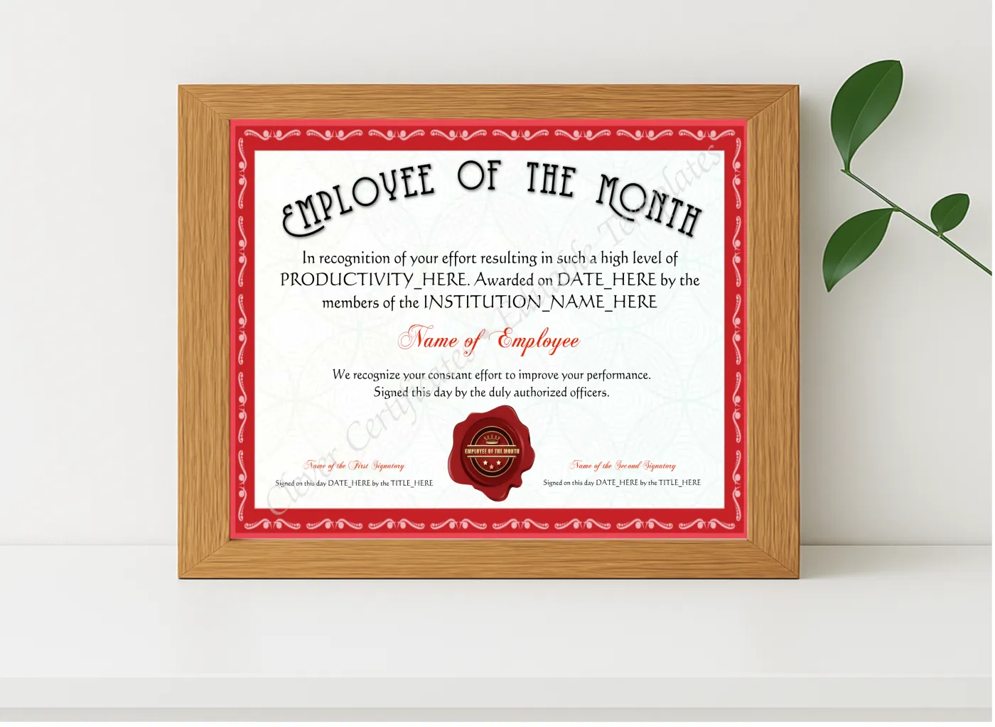 Realistic mockup featuring Customizable Red Employee Of The Month Award displayed within a modern frame, set against a minimalistic background.