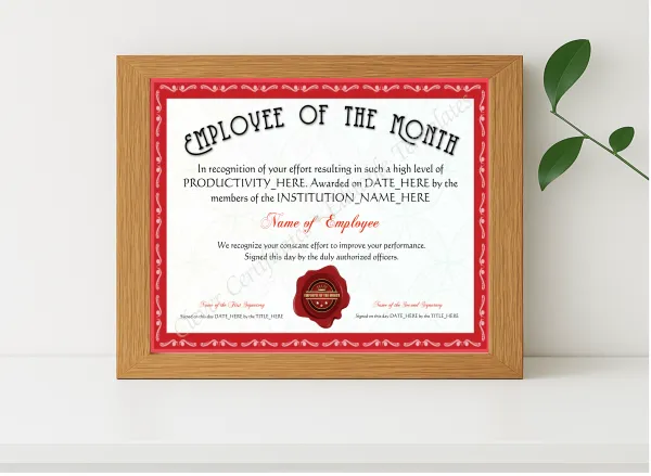 Realistic mockup featuring Customizable Red Employee Of The Month Award displayed within a modern frame, set against a minimalistic background.