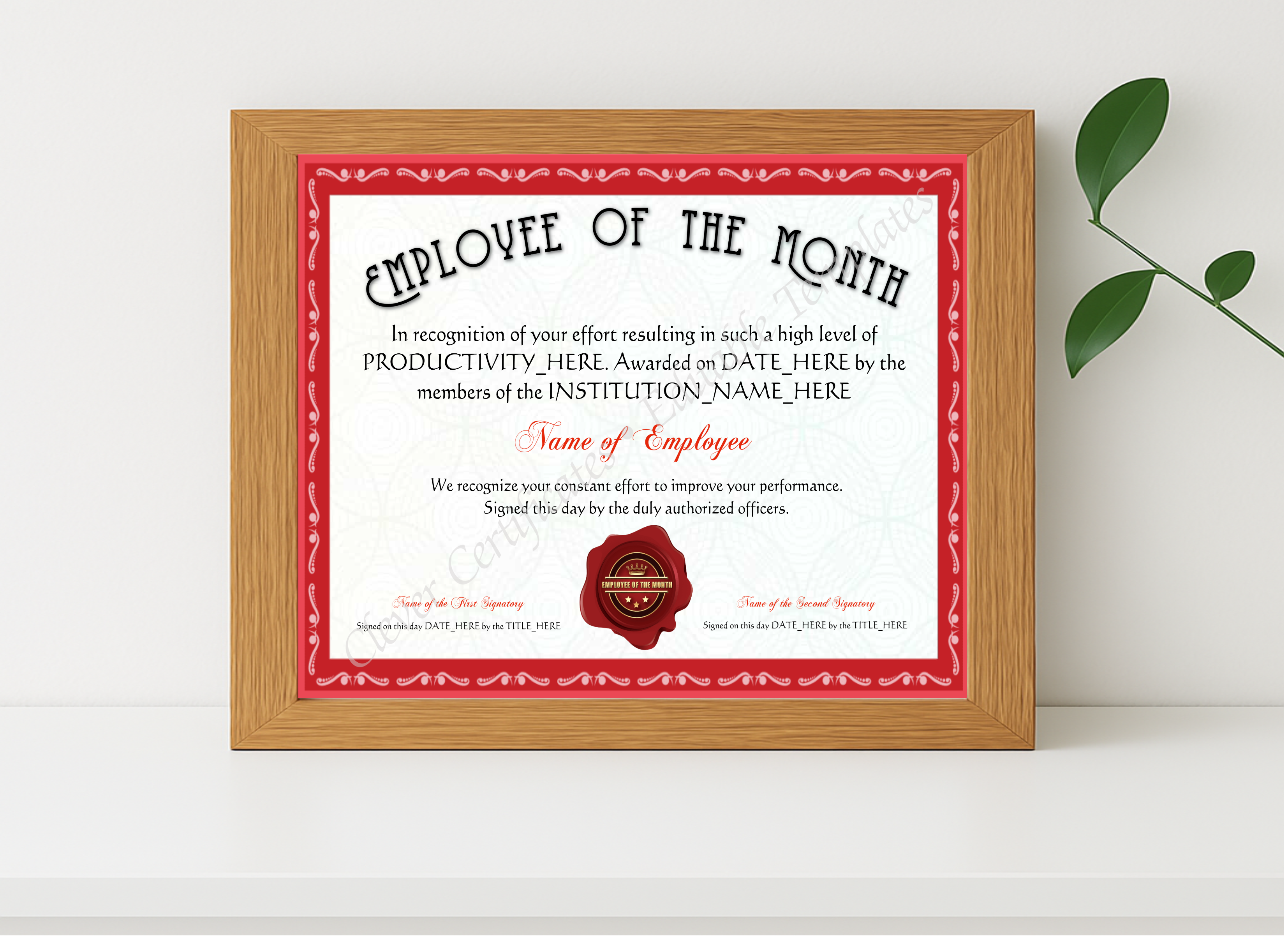 Realistic mockup featuring Customizable Red Employee Of The Month Award displayed within a modern frame, set against a minimalistic background.