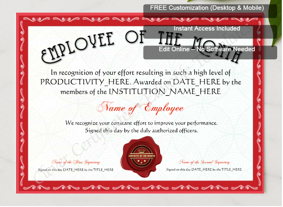 Framed preview featuring Free Editor badge stack for Customizable Red Employee Of The Month Award