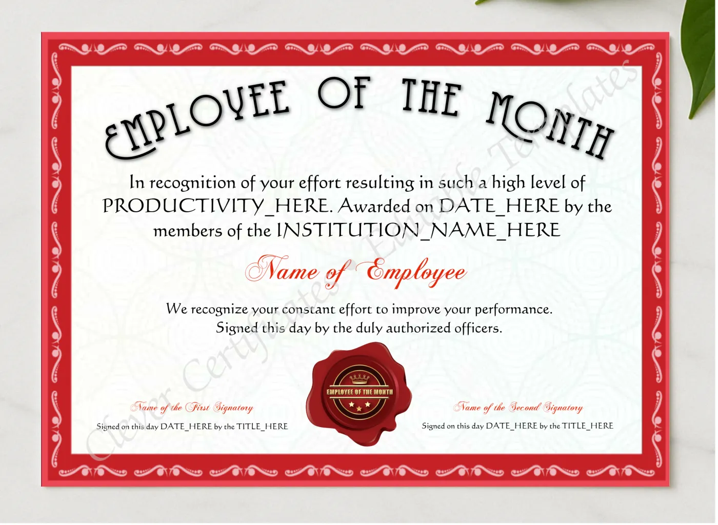 Customizable Red Employee Of The Month Award presented in a sleek wooden frame, elegantly arranged on a stylish table.