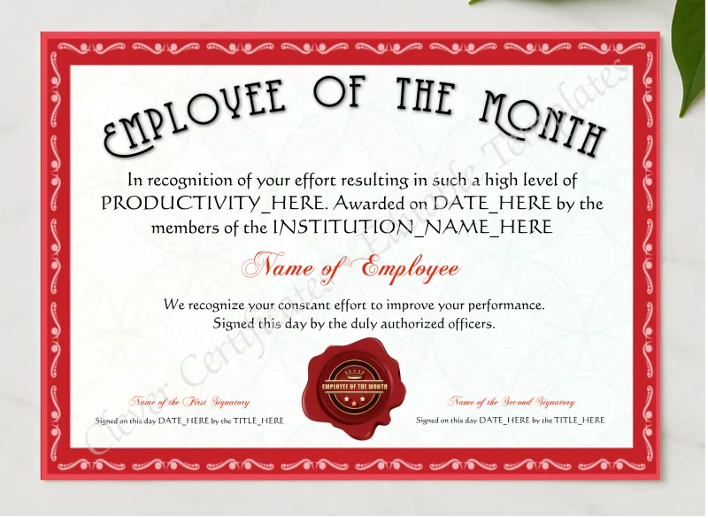 Customizable Red Employee Of The Month Award presented in a sleek wooden frame, elegantly arranged on a stylish table.