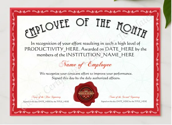 Customizable Red Employee Of The Month Award presented in a sleek wooden frame, elegantly arranged on a stylish table.