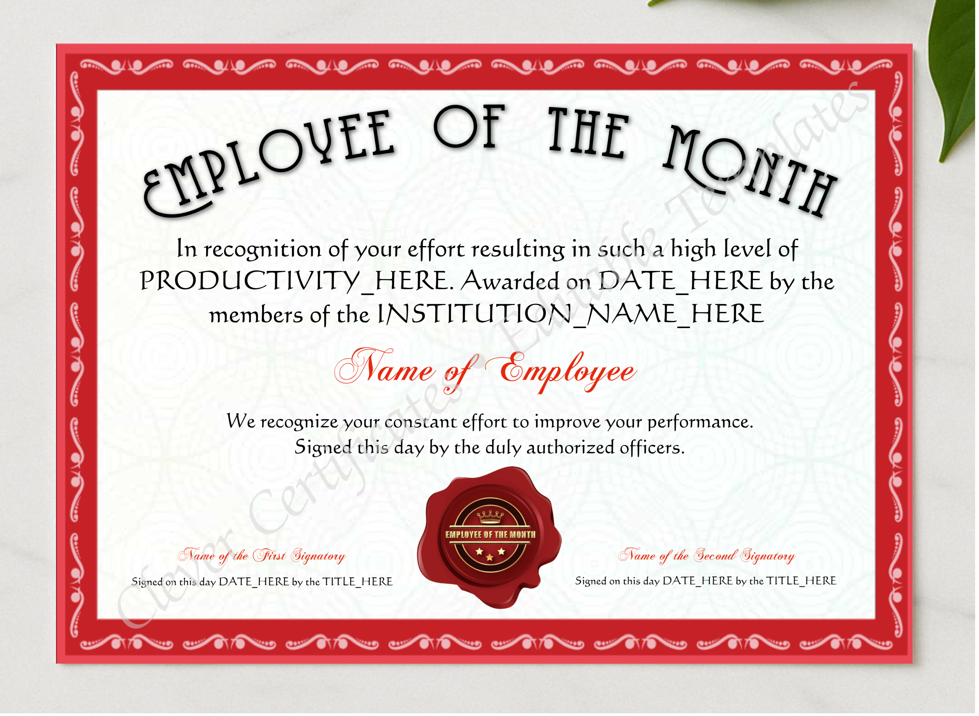 Customizable Red Employee Of The Month Award presented in a sleek wooden frame, elegantly arranged on a stylish table.