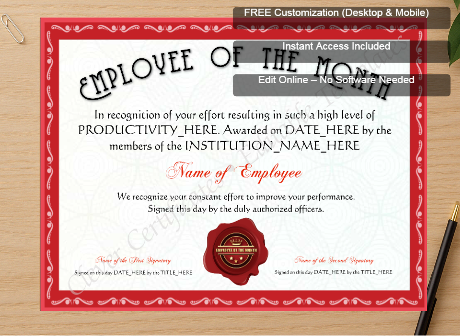 Zoomed preview with Free Editor badge stack for Customizable Red Employee Of The Month Award