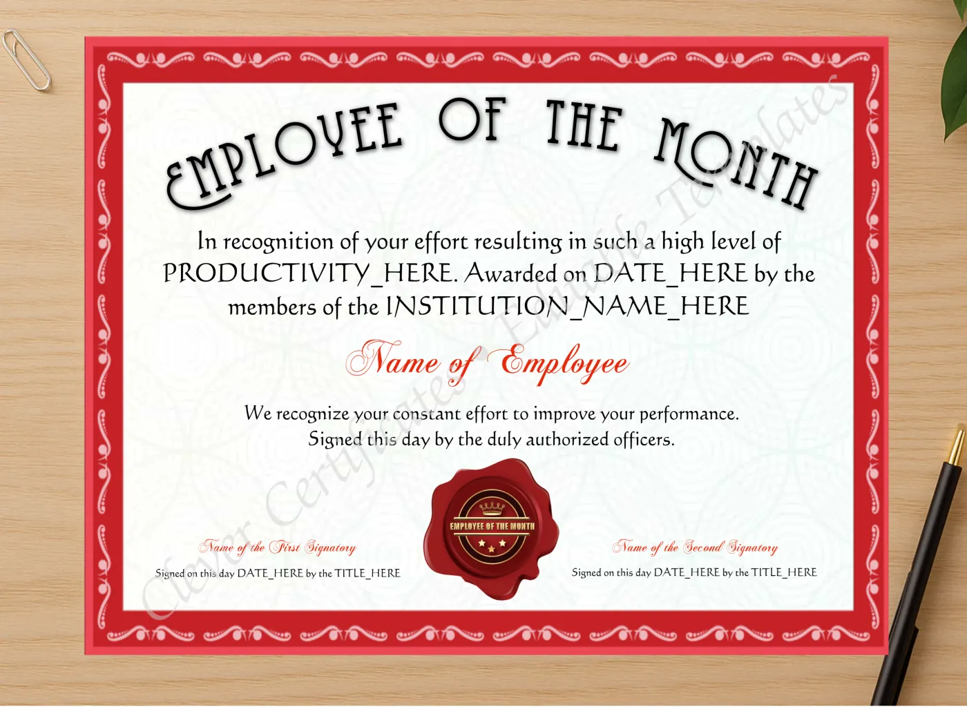 Professional preview of Customizable Red Employee Of The Month Award certificate on high-quality stationery paper, ideal for showcasing the final look.