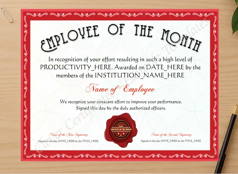Professional preview of Customizable Red Employee Of The Month Award certificate on high-quality stationery paper, ideal for showcasing the final look.