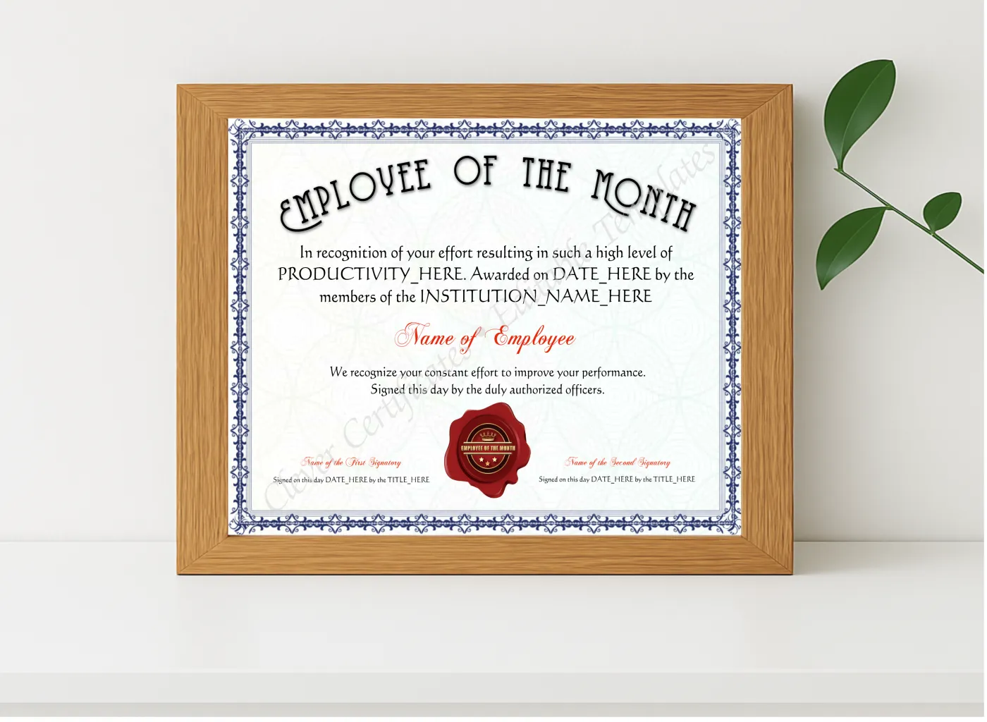 Realistic mockup featuring Editable Elegant Blue Employee Of The Month Award displayed within a modern frame, set against a minimalistic background.