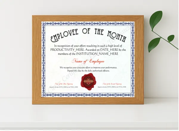 Realistic mockup featuring Editable Elegant Blue Employee Of The Month Award displayed within a modern frame, set against a minimalistic background.