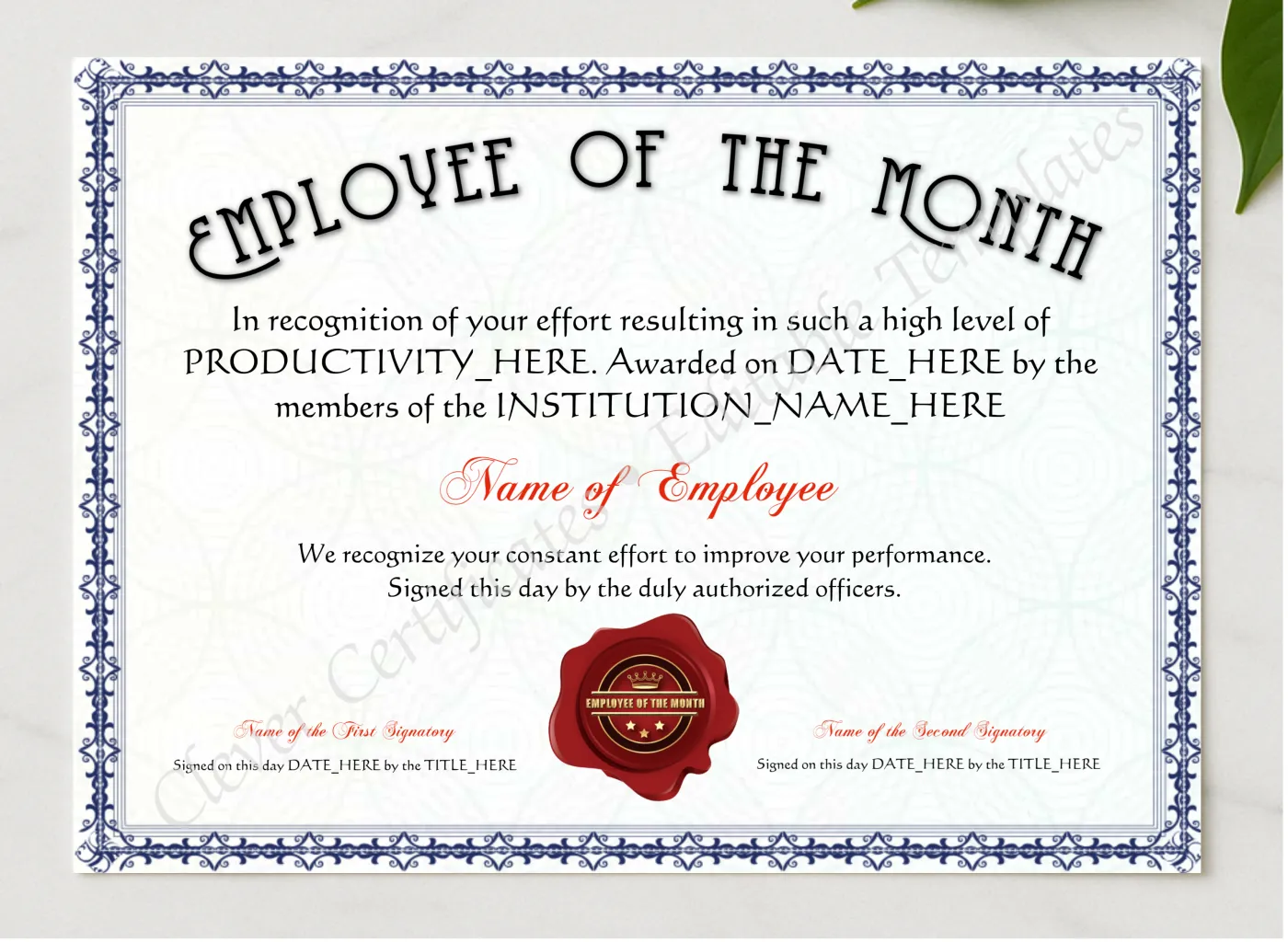 Editable Elegant Blue Employee Of The Month Award presented in a sleek wooden frame, elegantly arranged on a stylish table.