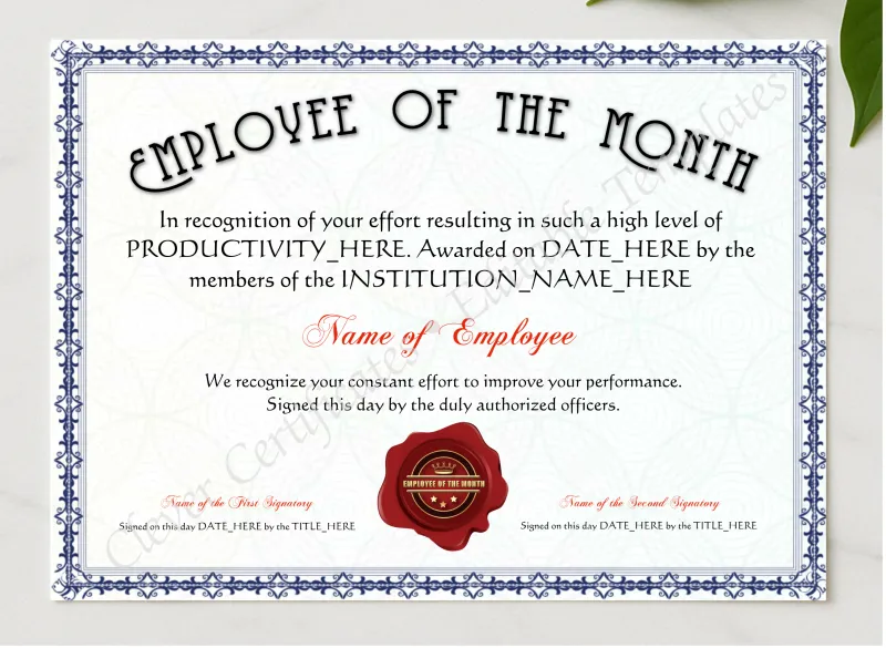 Editable Elegant Blue Employee Of The Month Award presented in a sleek wooden frame, elegantly arranged on a stylish table.