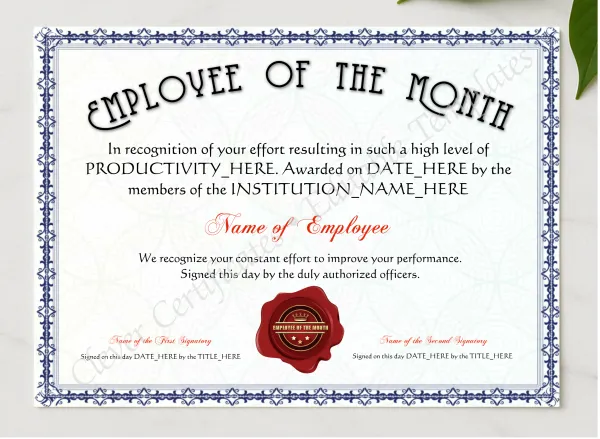 Editable Elegant Blue Employee Of The Month Award presented in a sleek wooden frame, elegantly arranged on a stylish table.