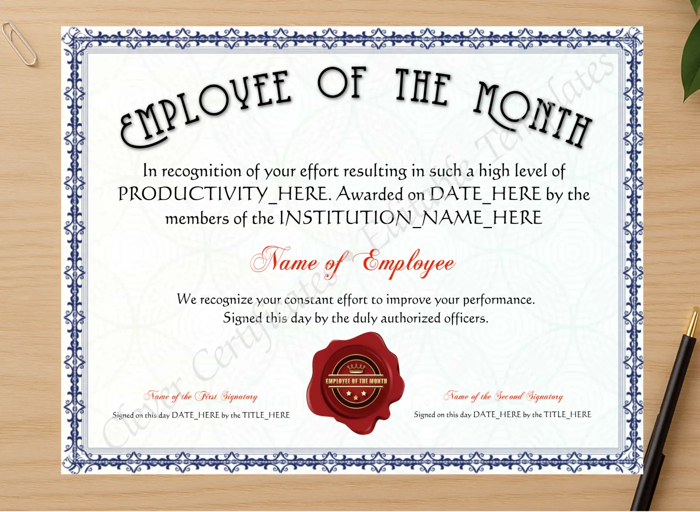 Professional preview of Editable Elegant Blue Employee Of The Month Award certificate on high-quality stationery paper, ideal for showcasing the final look.