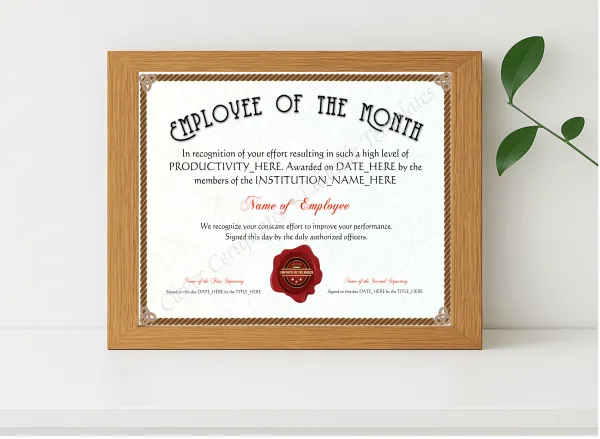 Realistic mockup featuring Printable Elegant Brown Employee Of The Month Award displayed within a modern frame, set against a minimalistic background.