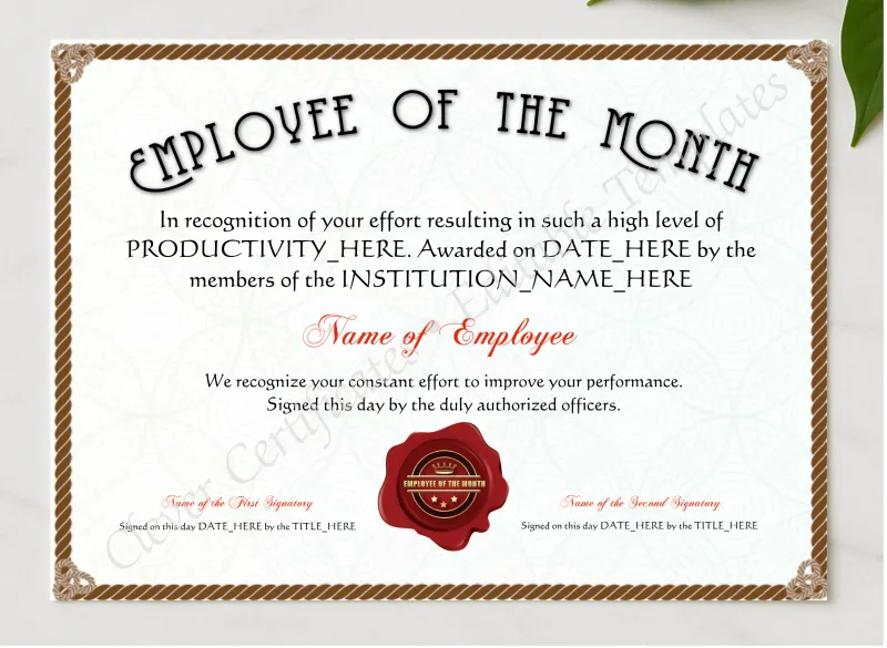 Printable Elegant Brown Employee Of The Month Award presented in a sleek wooden frame, elegantly arranged on a stylish table.