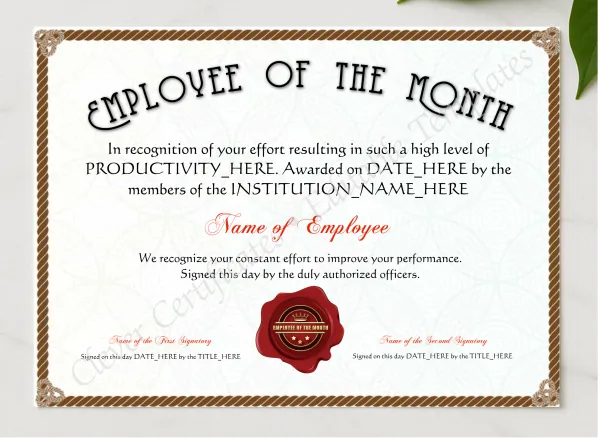 Printable Elegant Brown Employee Of The Month Award presented in a sleek wooden frame, elegantly arranged on a stylish table.