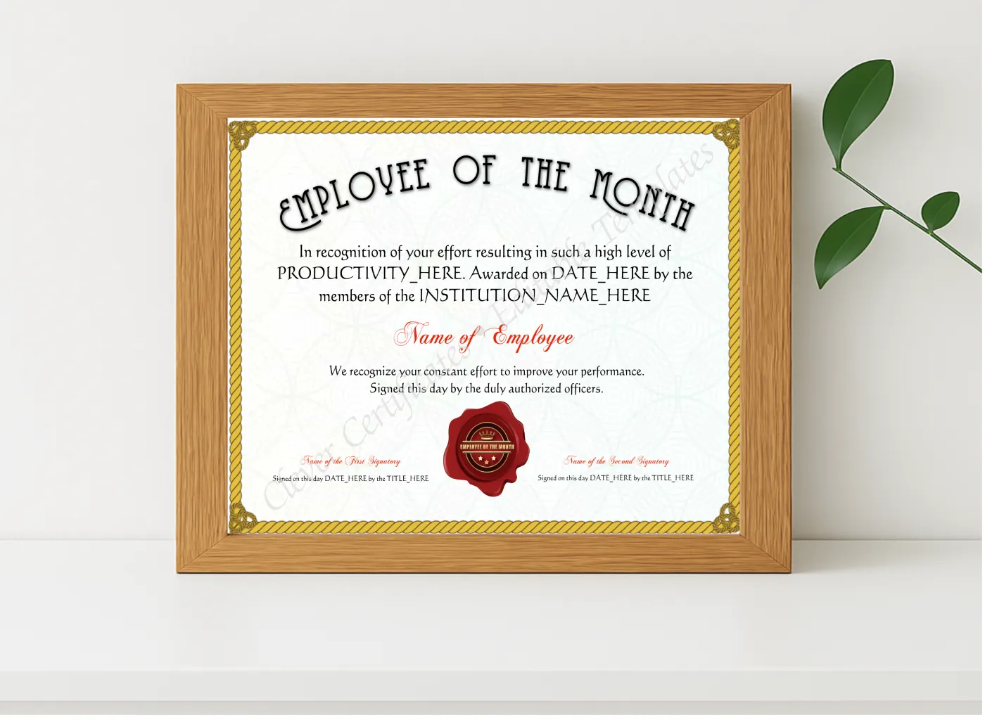 Realistic mockup featuring Customizable Elegant Yellow Employee Of The Month Award displayed within a modern frame, set against a minimalistic background.