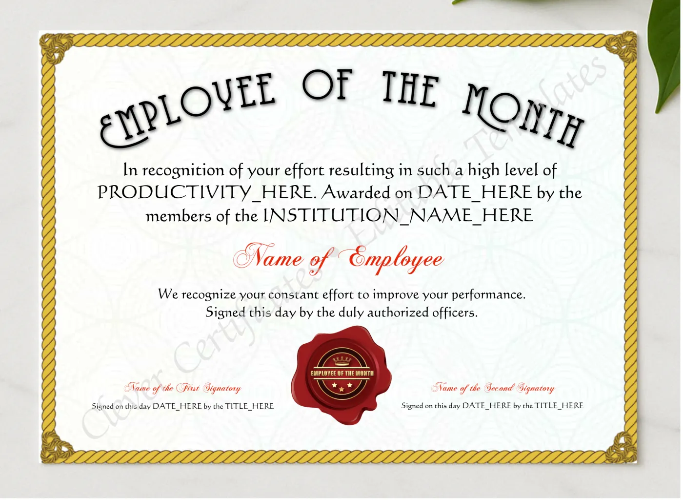 Customizable Elegant Yellow Employee Of The Month Award presented in a sleek wooden frame, elegantly arranged on a stylish table.