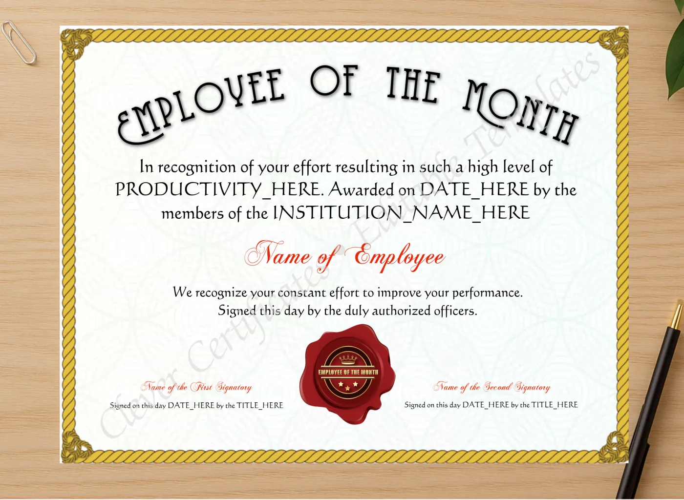 Professional preview of Customizable Elegant Yellow Employee Of The Month Award certificate on high-quality stationery paper, ideal for showcasing the final look.