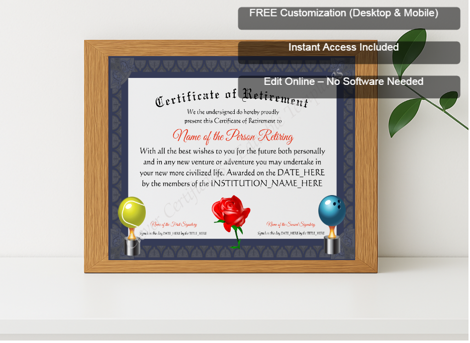Premium mockup with Free Editor badge stack for Customizable Certificate Of Retirement