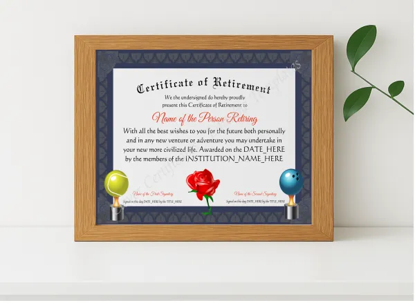 Realistic mockup featuring Customizable Certificate Of Retirement displayed within a modern frame, set against a minimalistic background.