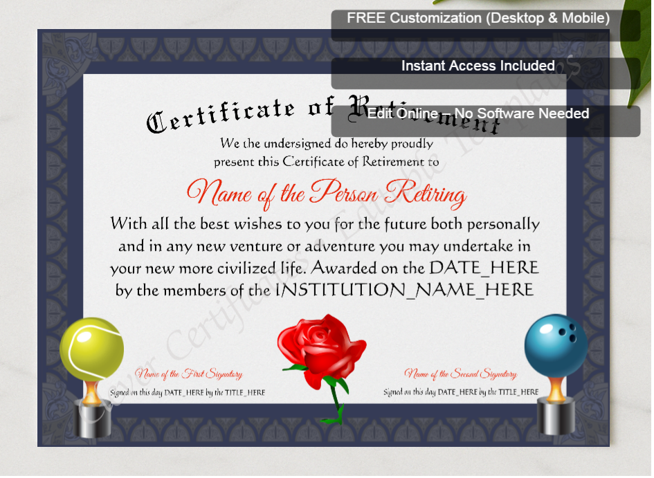 Framed preview featuring Free Editor badge stack for Customizable Certificate Of Retirement
